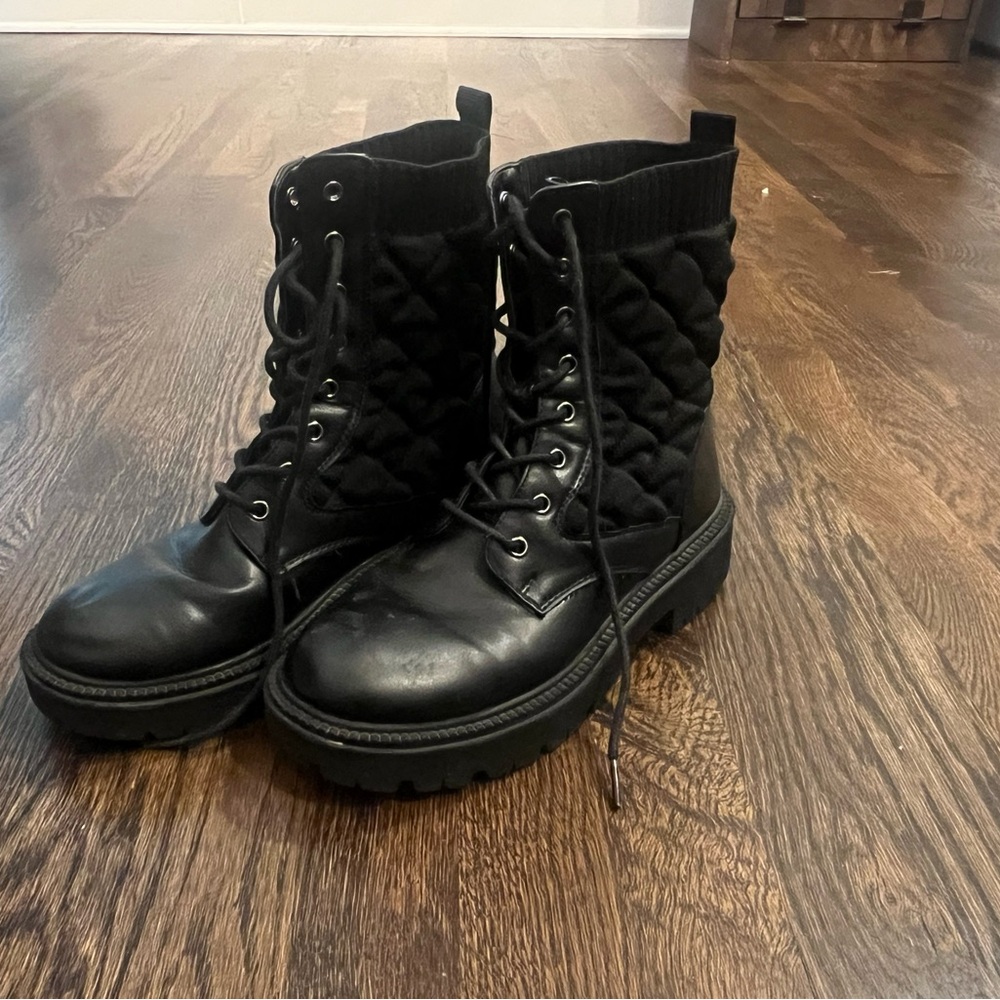 Black Quilted Lace-Up Boots